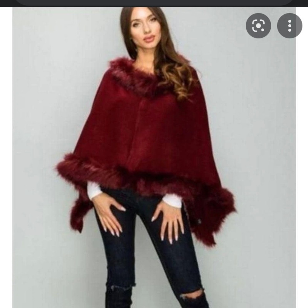 Faux Fur Burgundy Poncho Cape